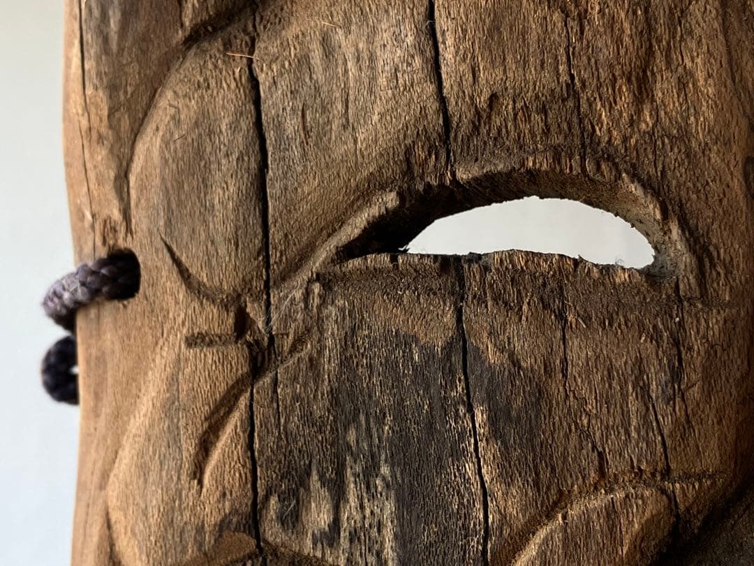 【笑山神 民間信仰古面 約25㎝ 焼印 木彫 江戸後期頃】郷土玩具民藝田楽面厄除