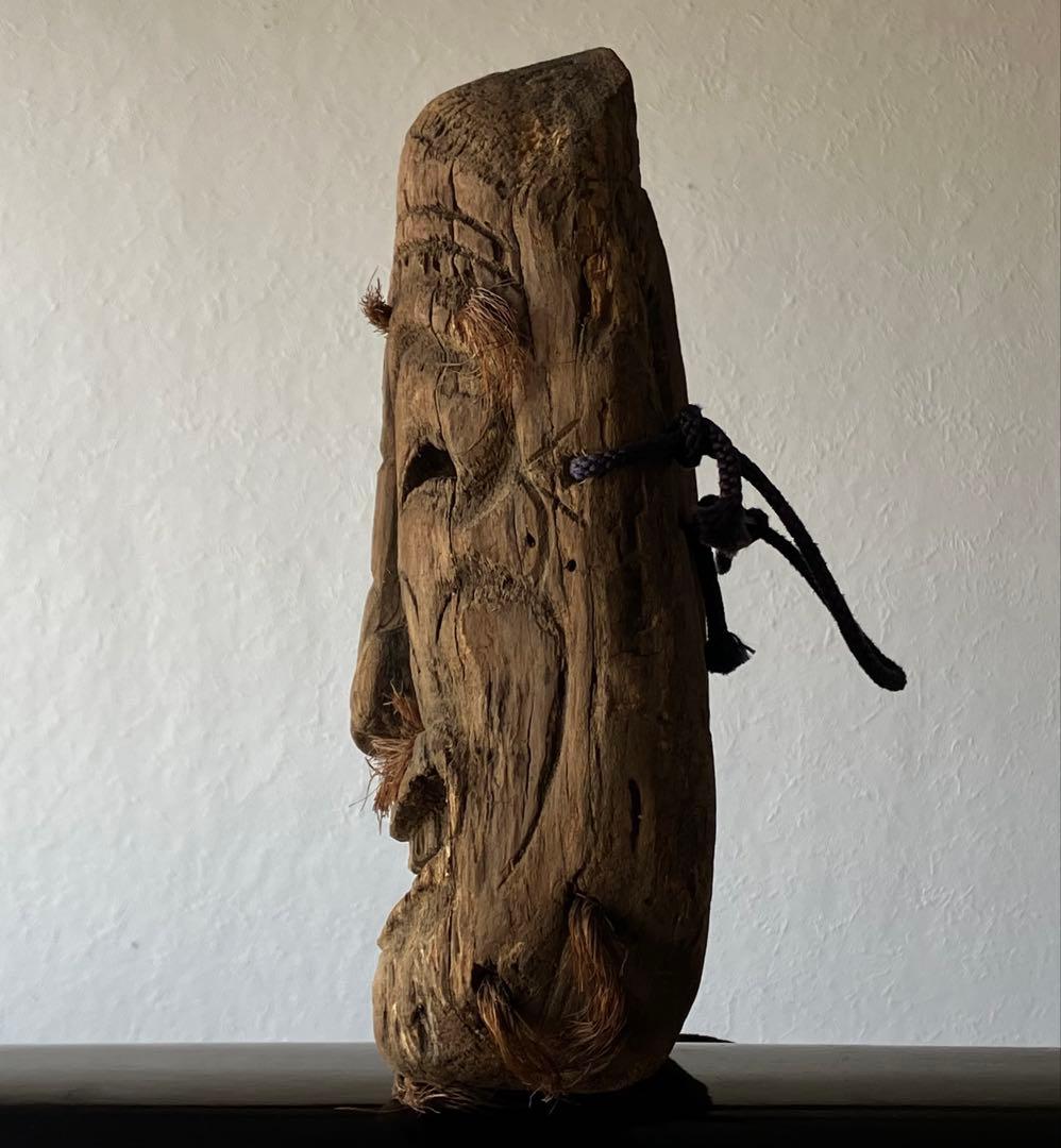 【笑山神 民間信仰古面 約25㎝ 焼印 木彫 江戸後期頃】郷土玩具民藝田楽面厄除