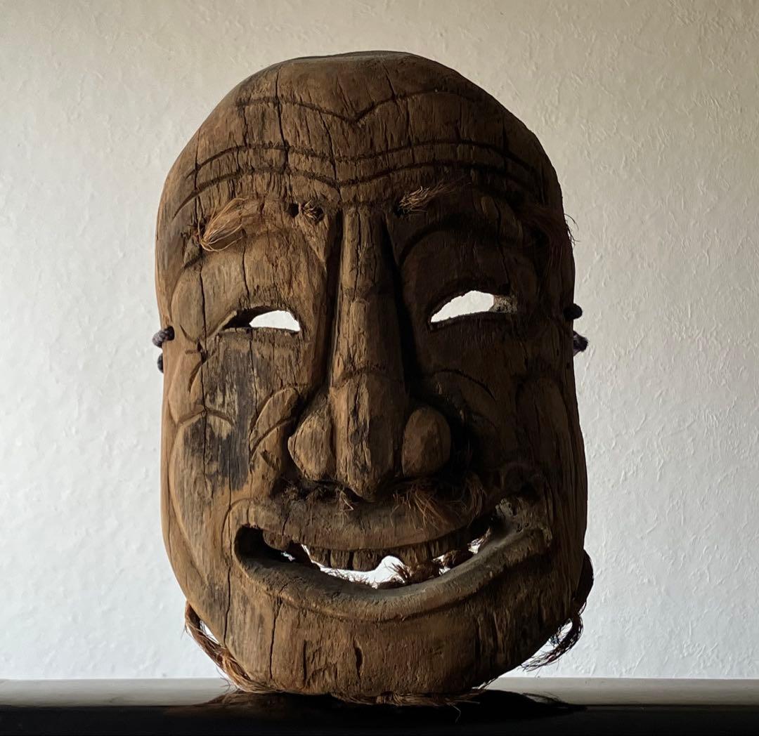 【笑山神 民間信仰古面 約25㎝ 焼印 木彫 江戸後期頃】郷土玩具民藝田楽面厄除