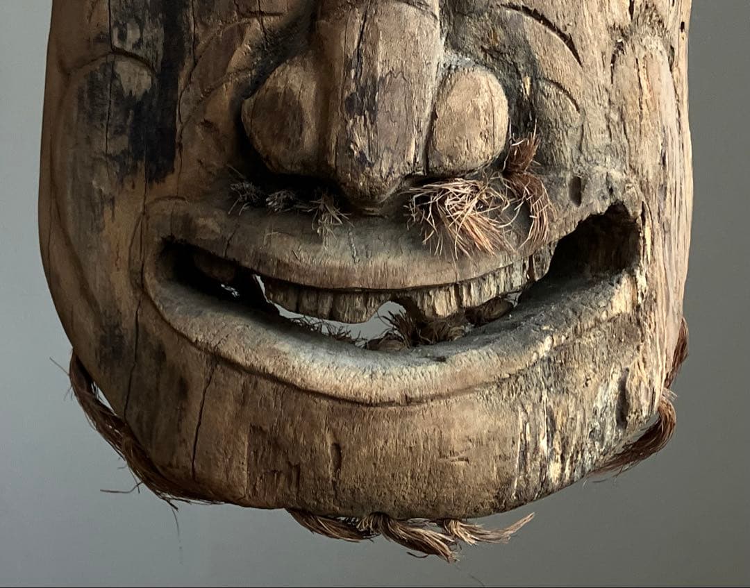 【笑山神 民間信仰古面 約25㎝ 焼印 木彫 江戸後期頃】郷土玩具民藝田楽面厄除