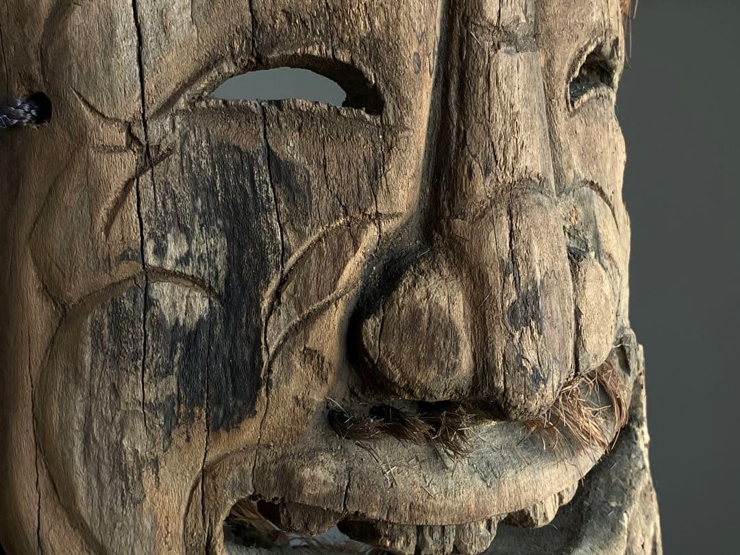 【笑山神 民間信仰古面 約25㎝ 焼印 木彫 江戸後期頃】郷土玩具民藝田楽面厄除