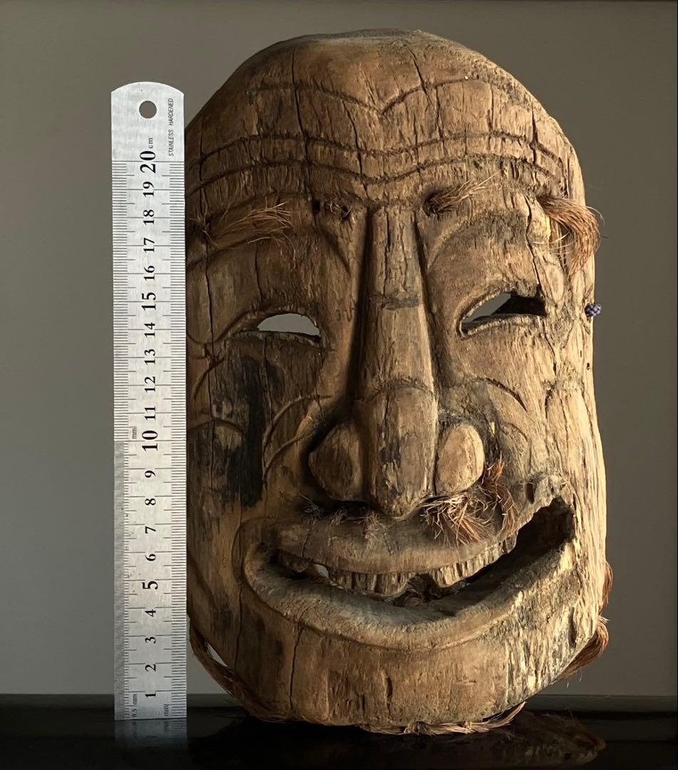 【笑山神 民間信仰古面 約25㎝ 焼印 木彫 江戸後期頃】郷土玩具民藝田楽面厄除