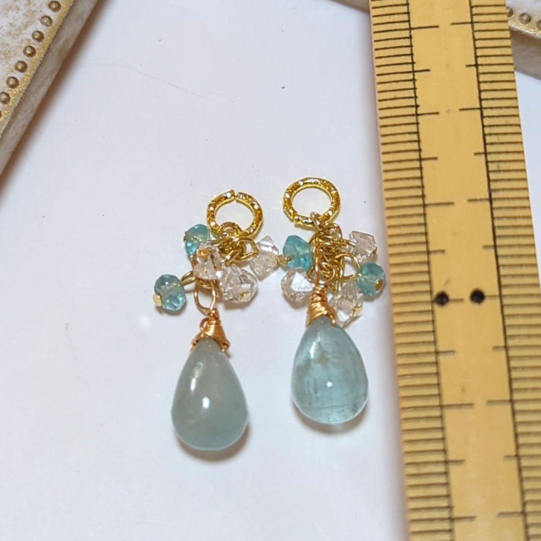 新作☆天然石シンデレラアクアマリン＆天然石のピアス　14kgf