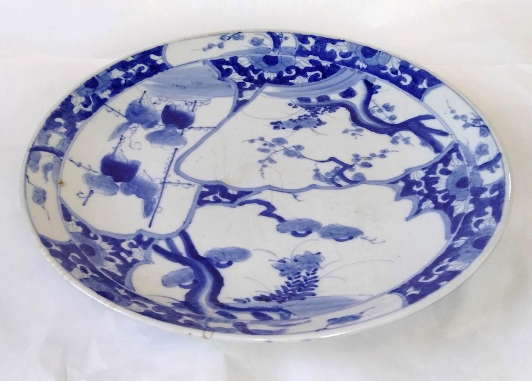 陶器 大皿 染付 柄三面 Aa-337