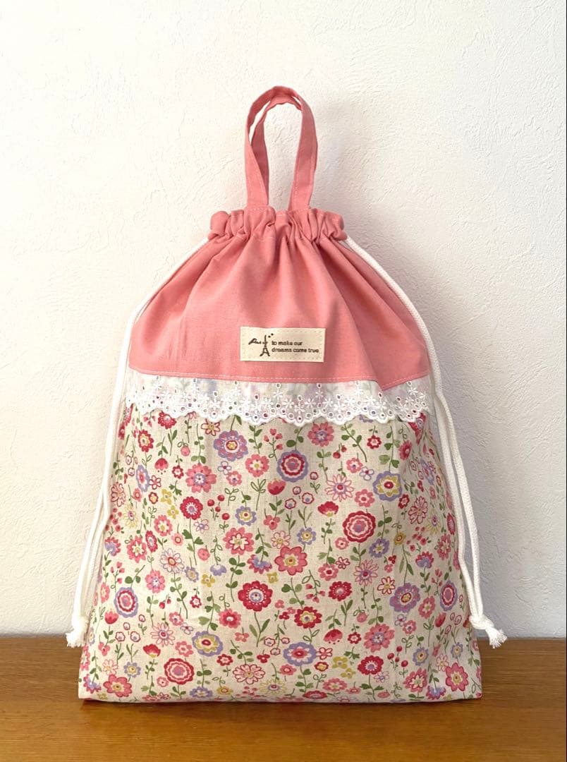 ハンドメイド　入園入学準備　レッスンバッグ　5点セット 花柄　コーラルピンク
