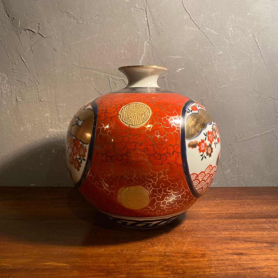 伊萬里 金蘭手 骨董品 赤絵 花瓶 花器 壺 古伊万里様式 手描き