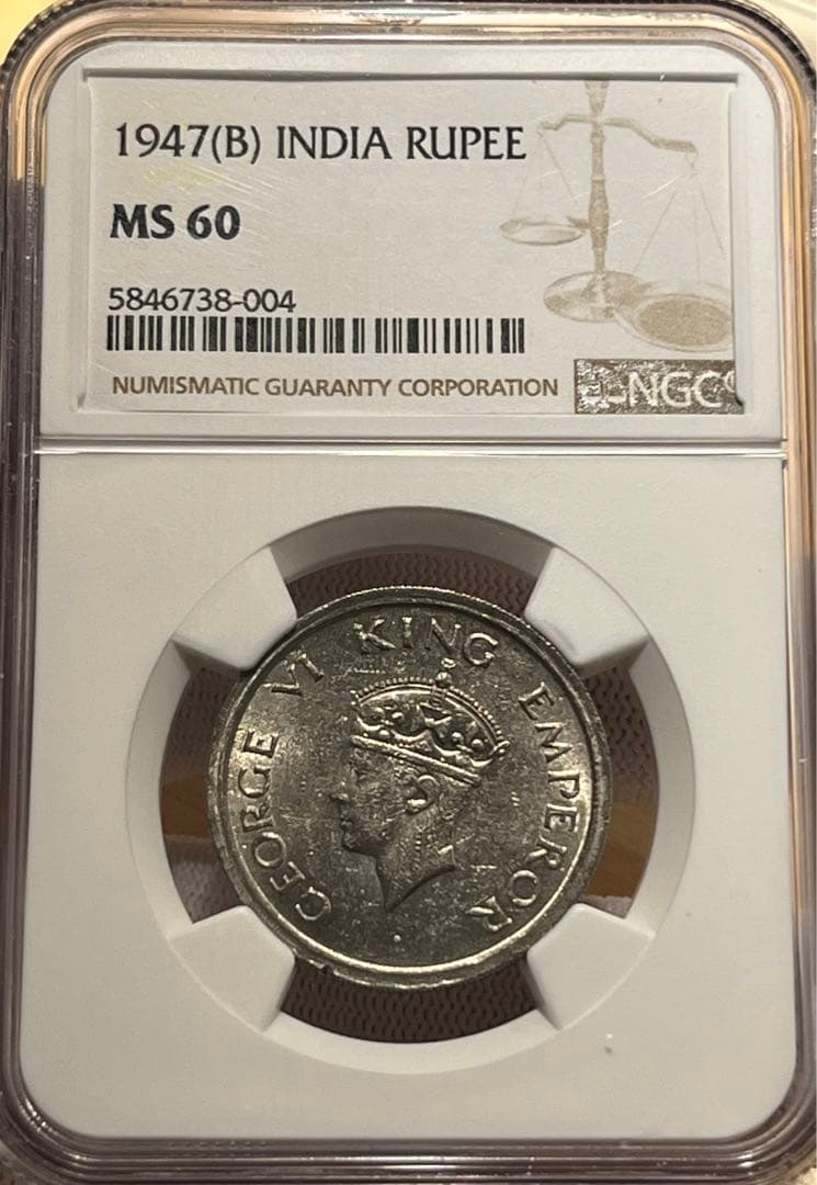英領インド 1947年(B) ジョージ6世 1ルピー銀貨 NGC鑑定 MS60