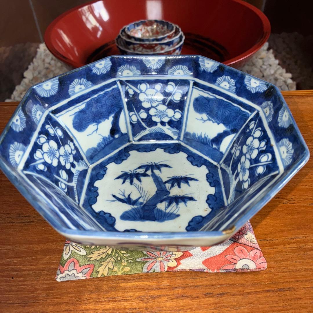 骨董　染付江戸後期　八角中鉢　松竹梅図