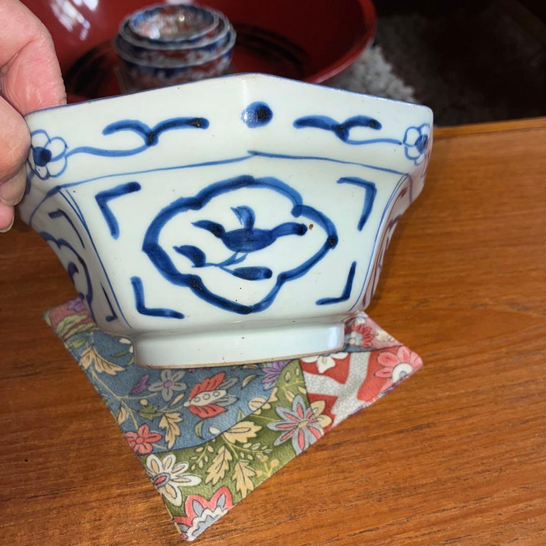 骨董　染付江戸後期　八角中鉢　松竹梅図