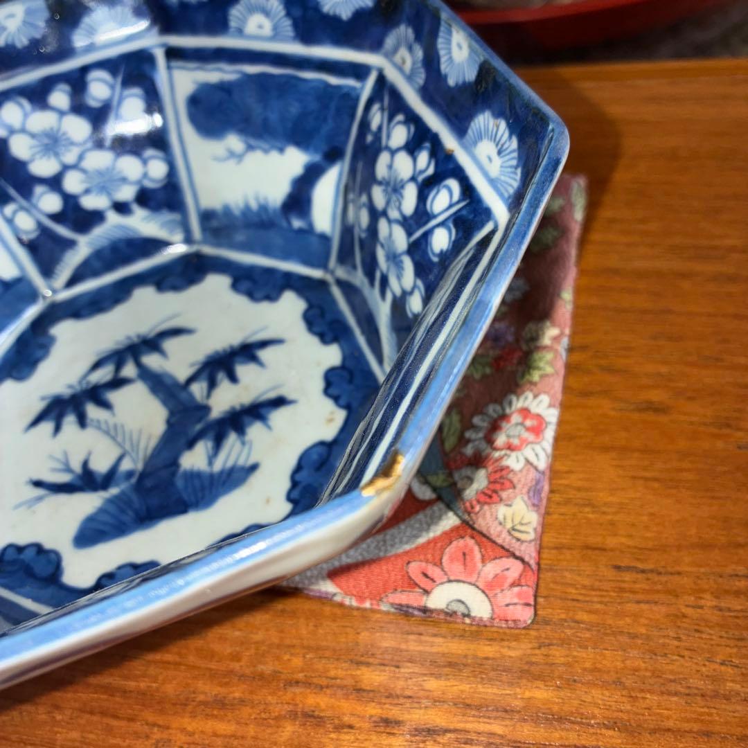 骨董　染付江戸後期　八角中鉢　松竹梅図