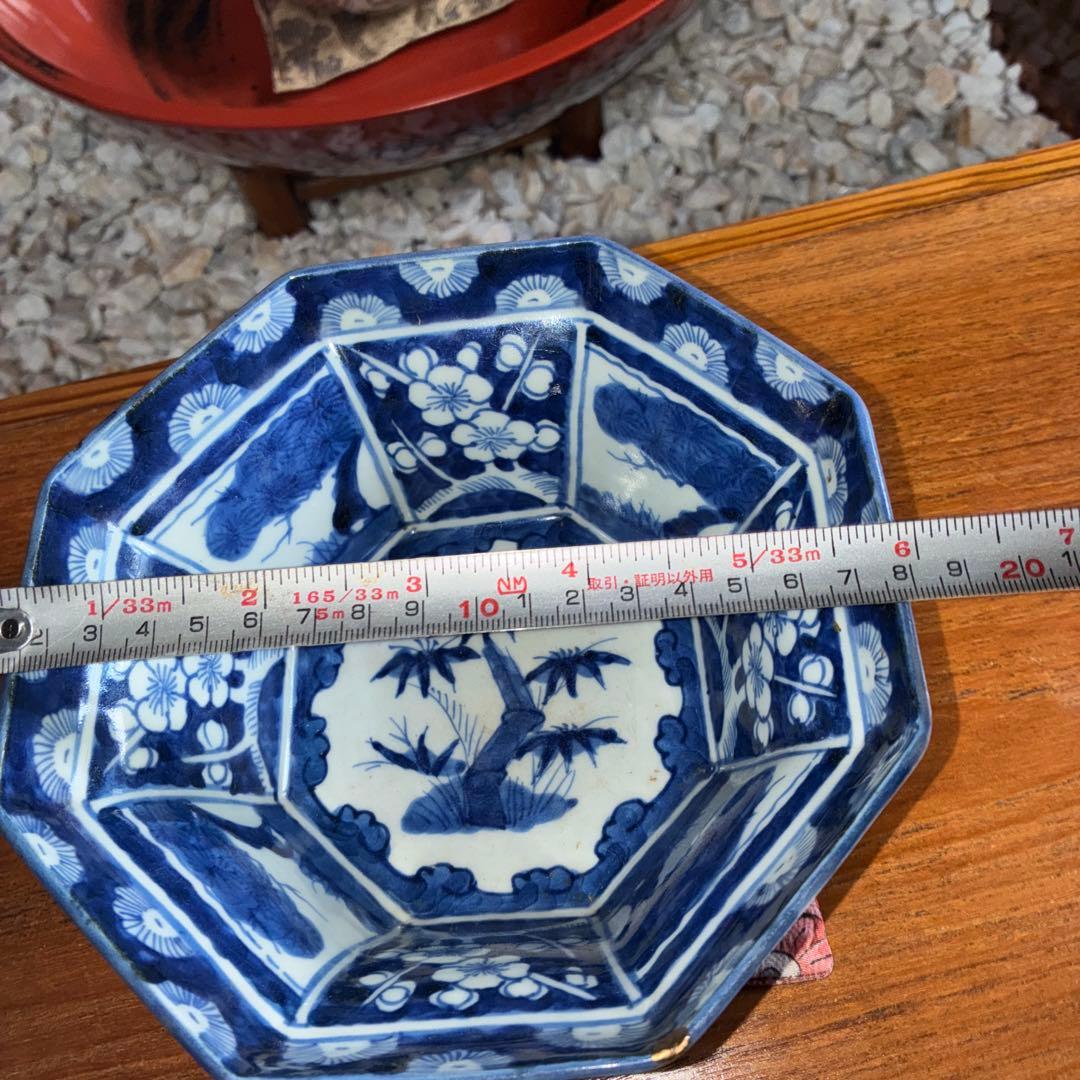 骨董　染付江戸後期　八角中鉢　松竹梅図