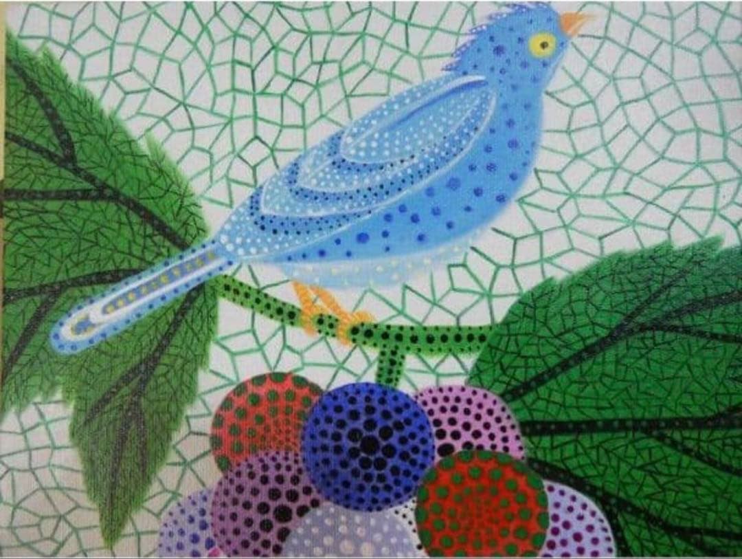 【草間彌生】ぶどうと鳥　絵画　額入り