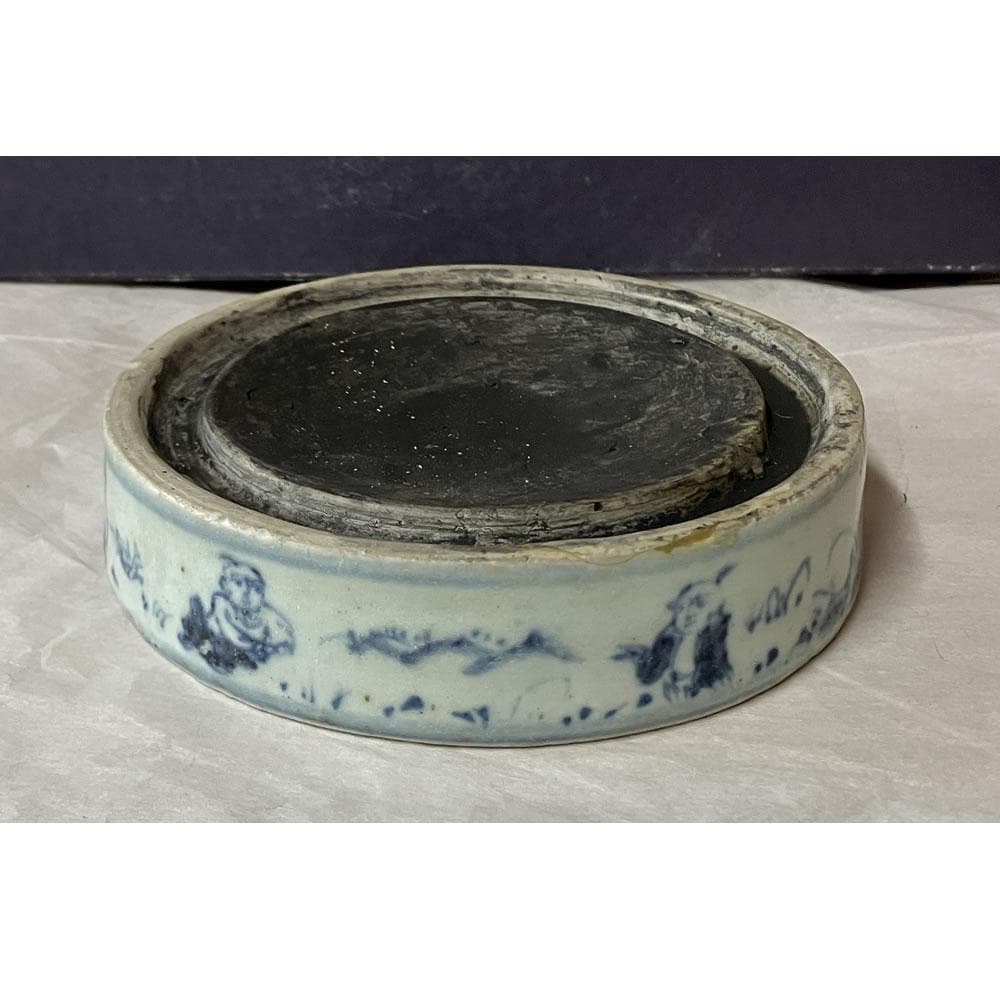 田中 野夫 　y051 陶硯 染付 唐子図 硯