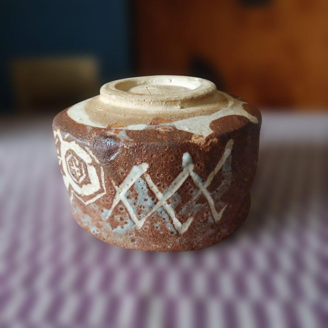 志野焼　青葉太陽　鼠志野亀甲文茶碗　抹茶茶碗　共箱　茶器　茶道具