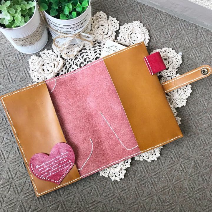 ご確認用 牛革 レッド×キャメル ハートポケットの 手帳カバー B6サイズ