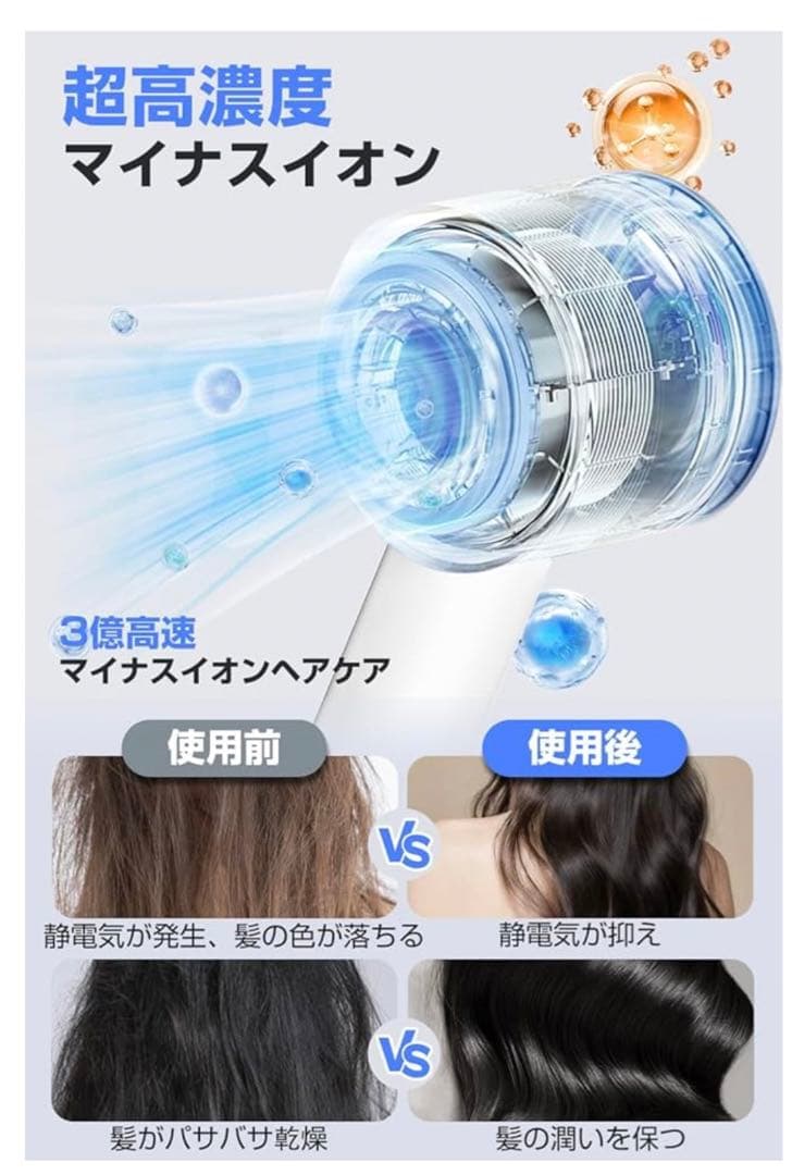ドライヤー 1300w超大風量 速乾 3億高濃度マイナスイオン 美容師監修