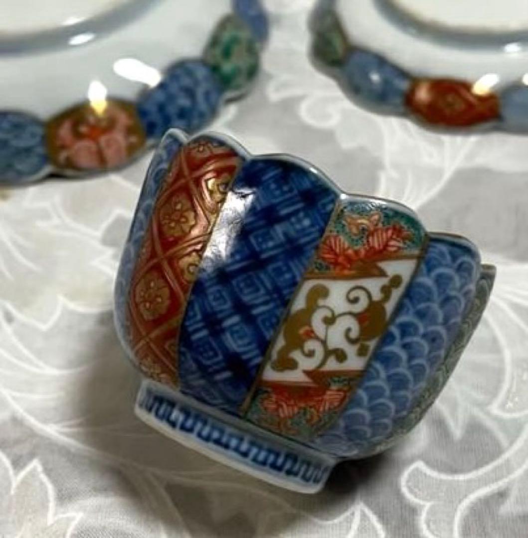 古伊万里　青海波・色絵・金彩画(小皿　豆皿　ぐい呑み)５客セット