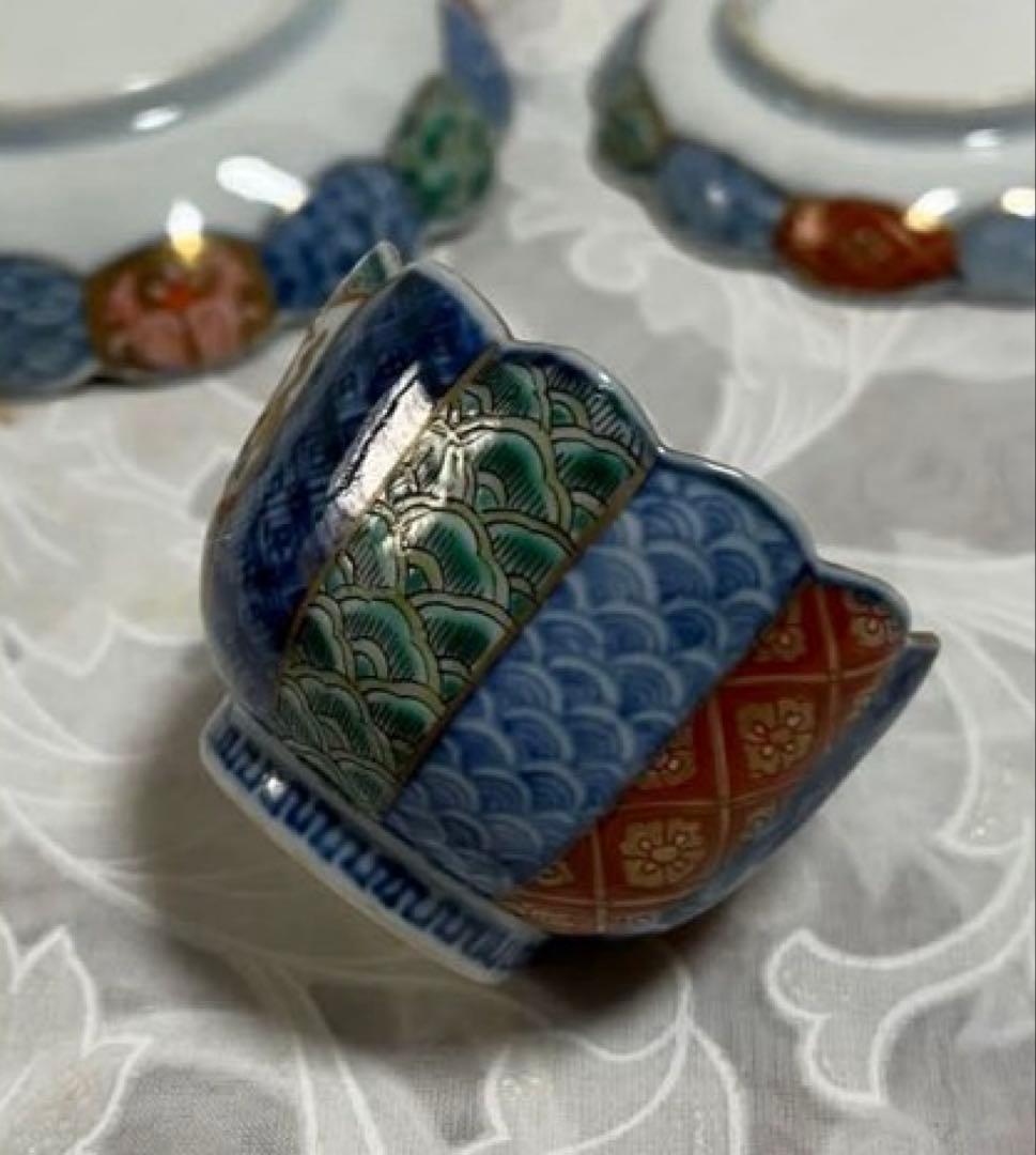 古伊万里　青海波・色絵・金彩画(小皿　豆皿　ぐい呑み)５客セット