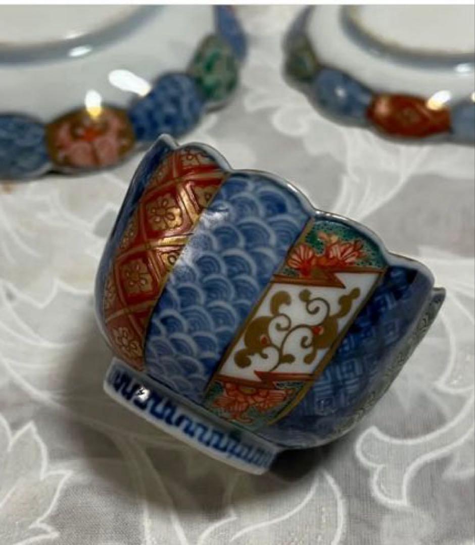 古伊万里　青海波・色絵・金彩画(小皿　豆皿　ぐい呑み)５客セット