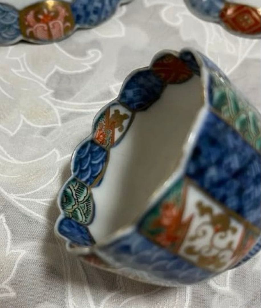 古伊万里　青海波・色絵・金彩画(小皿　豆皿　ぐい呑み)５客セット
