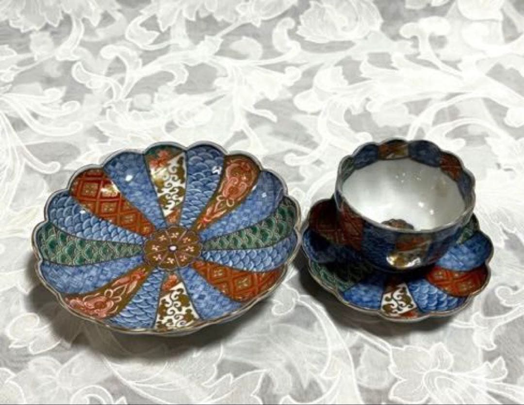 古伊万里　青海波・色絵・金彩画(小皿　豆皿　ぐい呑み)５客セット