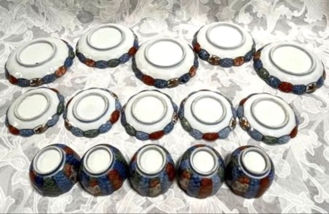 古伊万里　青海波・色絵・金彩画(小皿　豆皿　ぐい呑み)５客セット