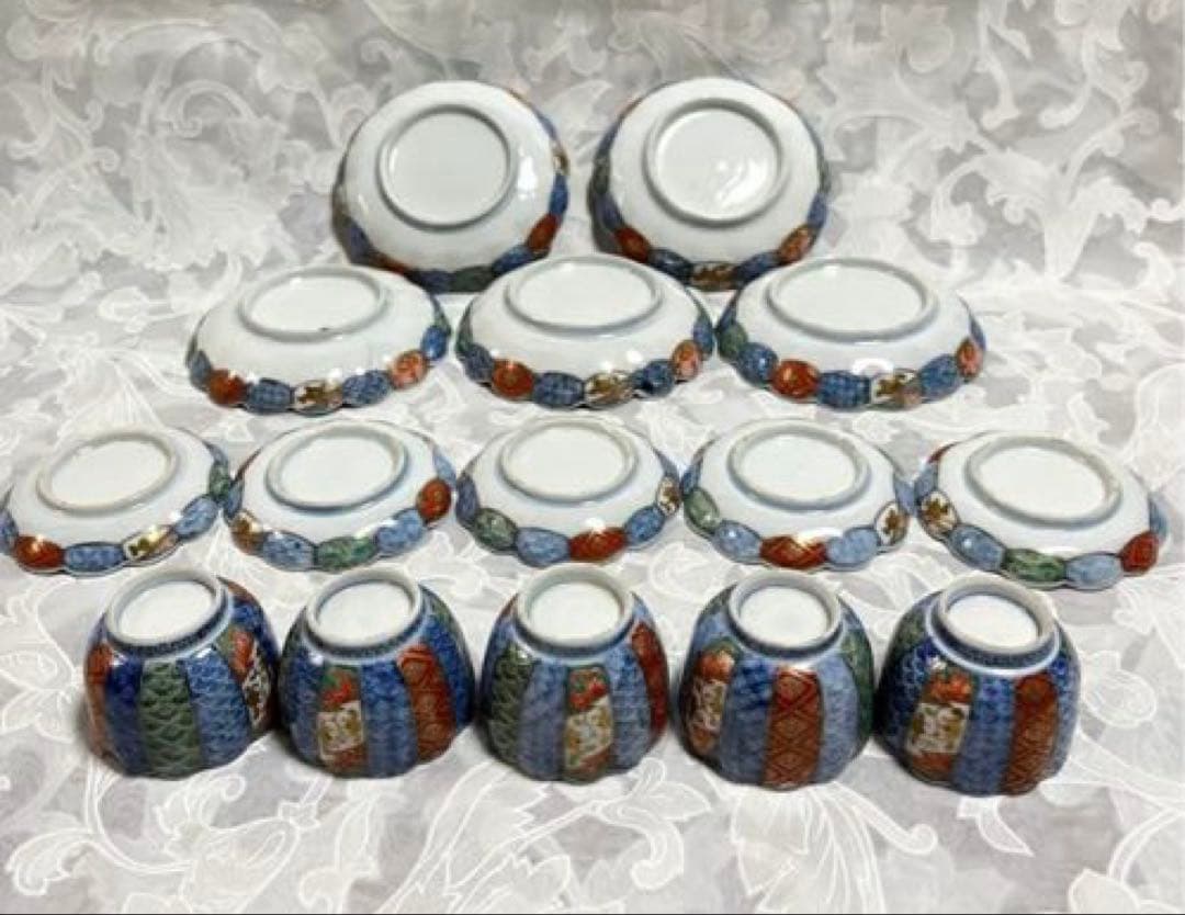 古伊万里　青海波・色絵・金彩画(小皿　豆皿　ぐい呑み)５客セット