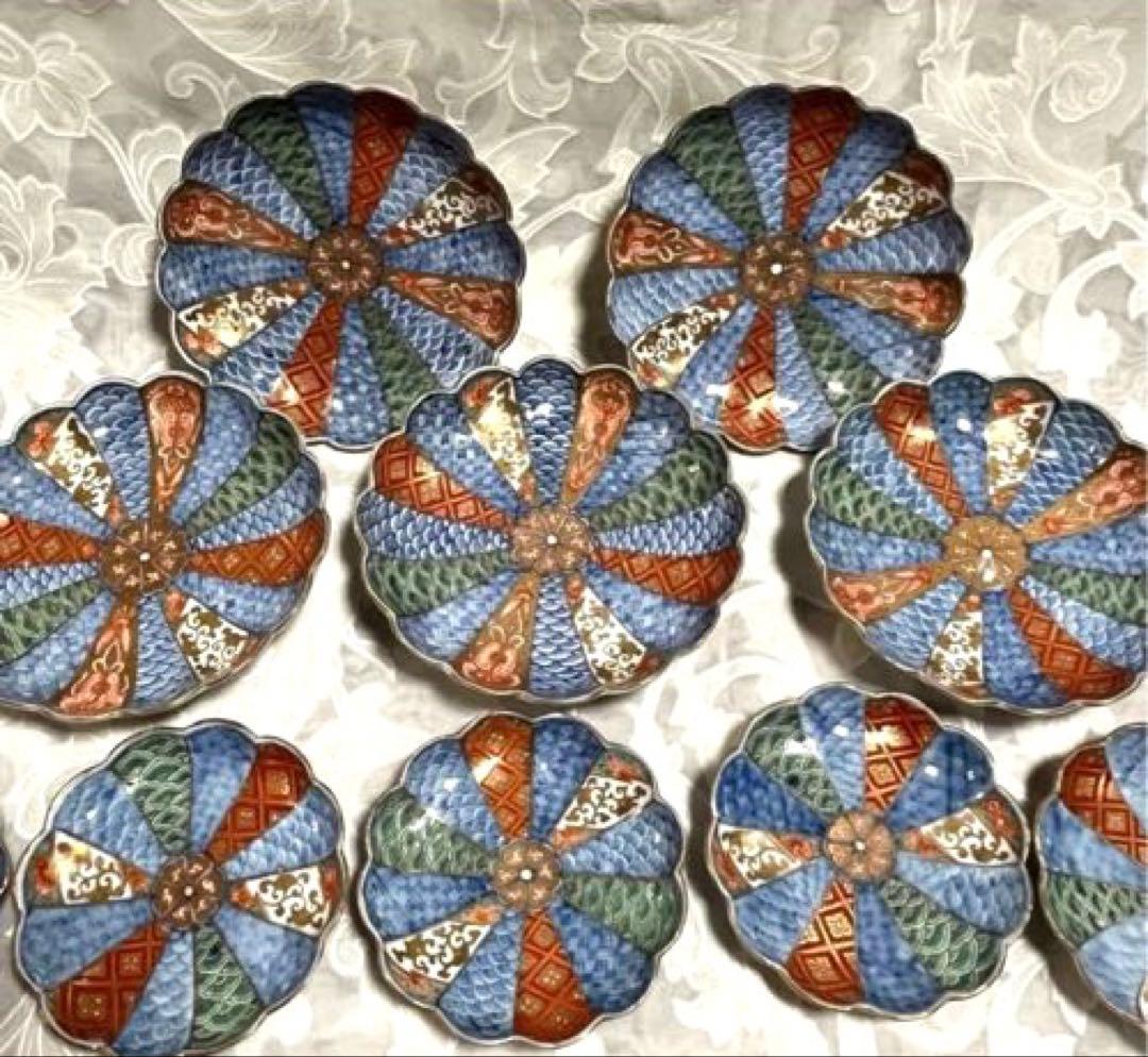 古伊万里　青海波・色絵・金彩画(小皿　豆皿　ぐい呑み)５客セット