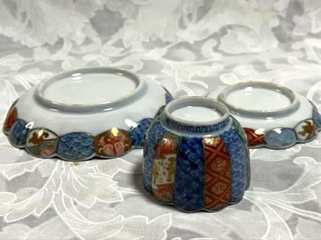 古伊万里　青海波・色絵・金彩画(小皿　豆皿　ぐい呑み)５客セット