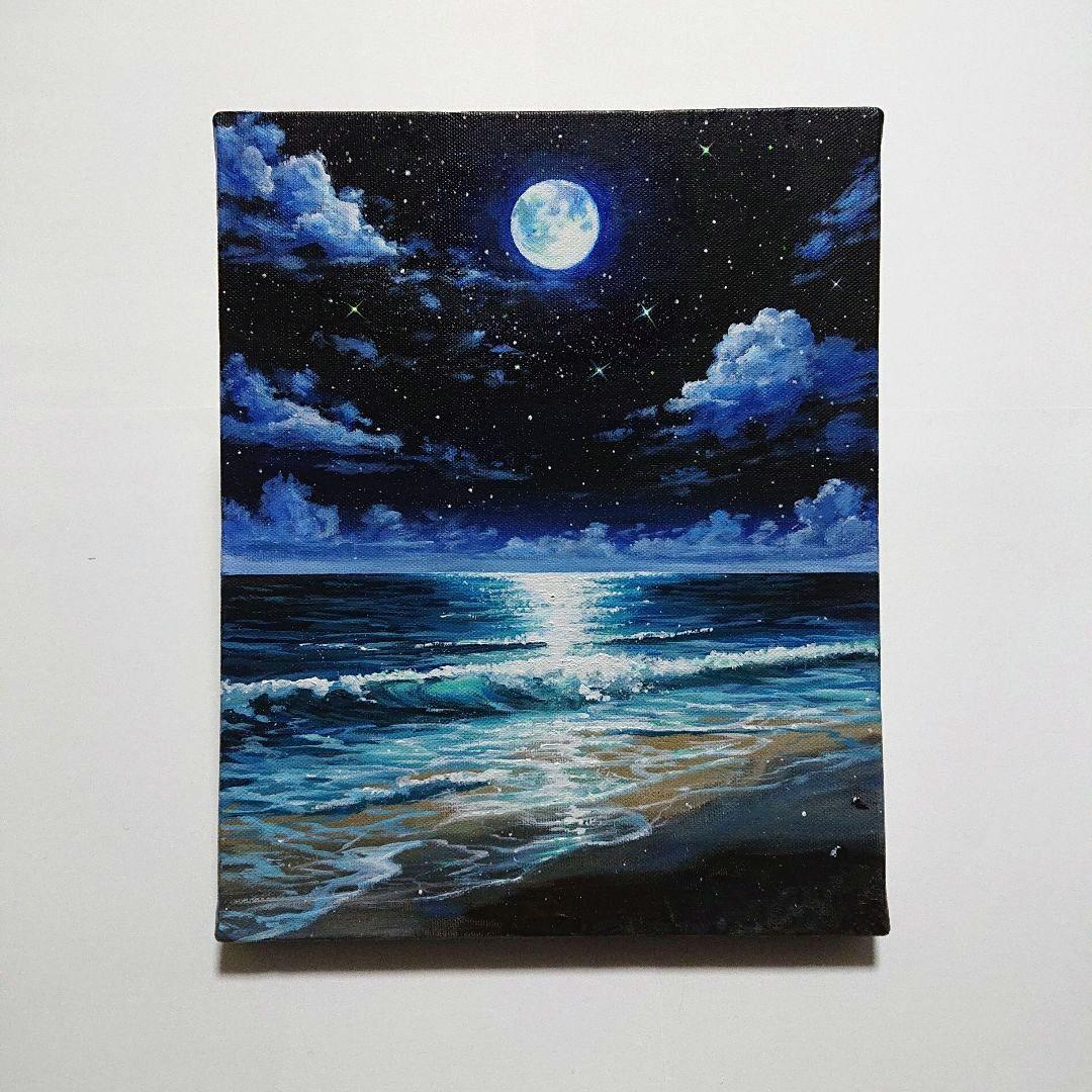 【満月の夜】アクリル画 F3 風景画 絵画