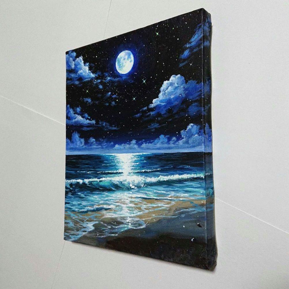 【満月の夜】アクリル画 F3 風景画 絵画
