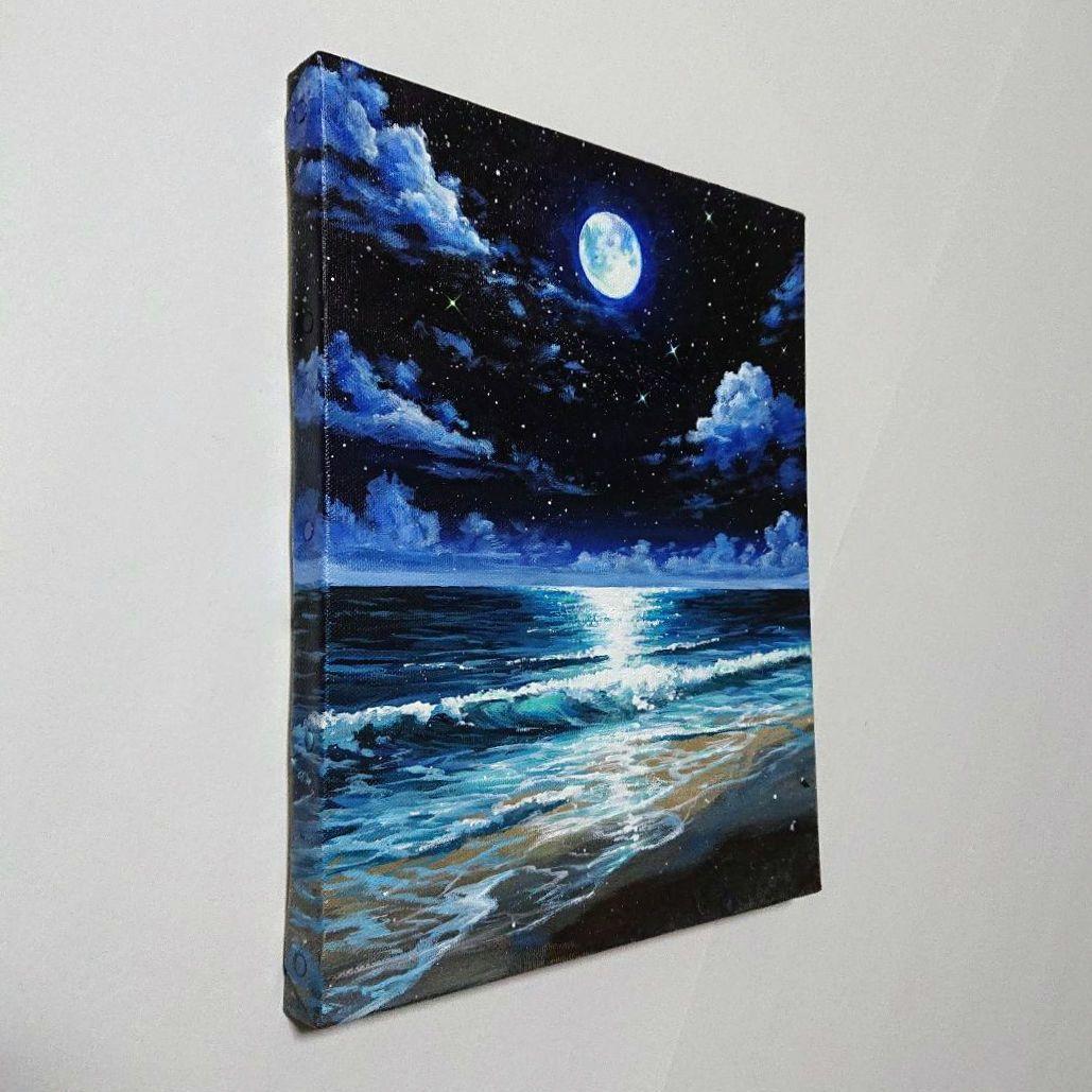 【満月の夜】アクリル画 F3 風景画 絵画