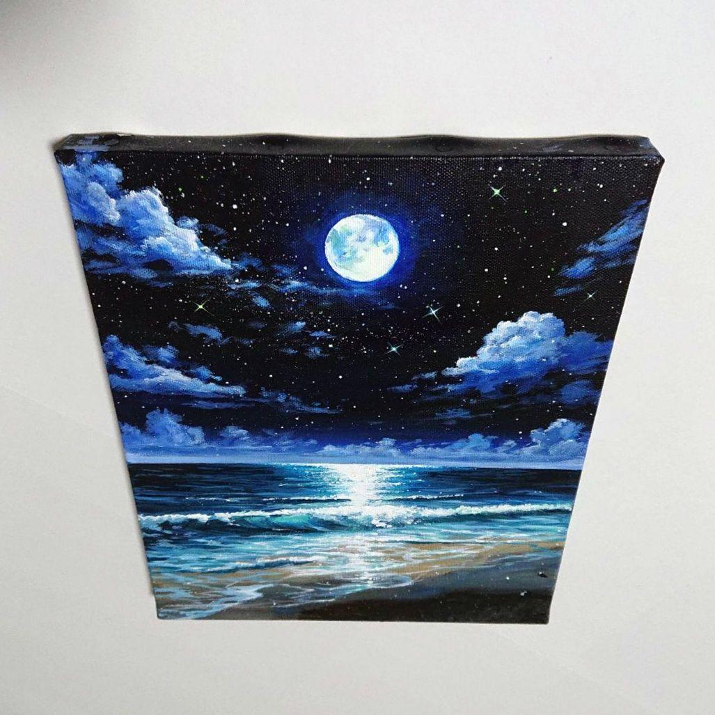 【満月の夜】アクリル画 F3 風景画 絵画