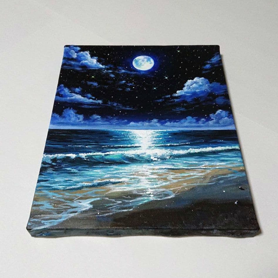 【満月の夜】アクリル画 F3 風景画 絵画