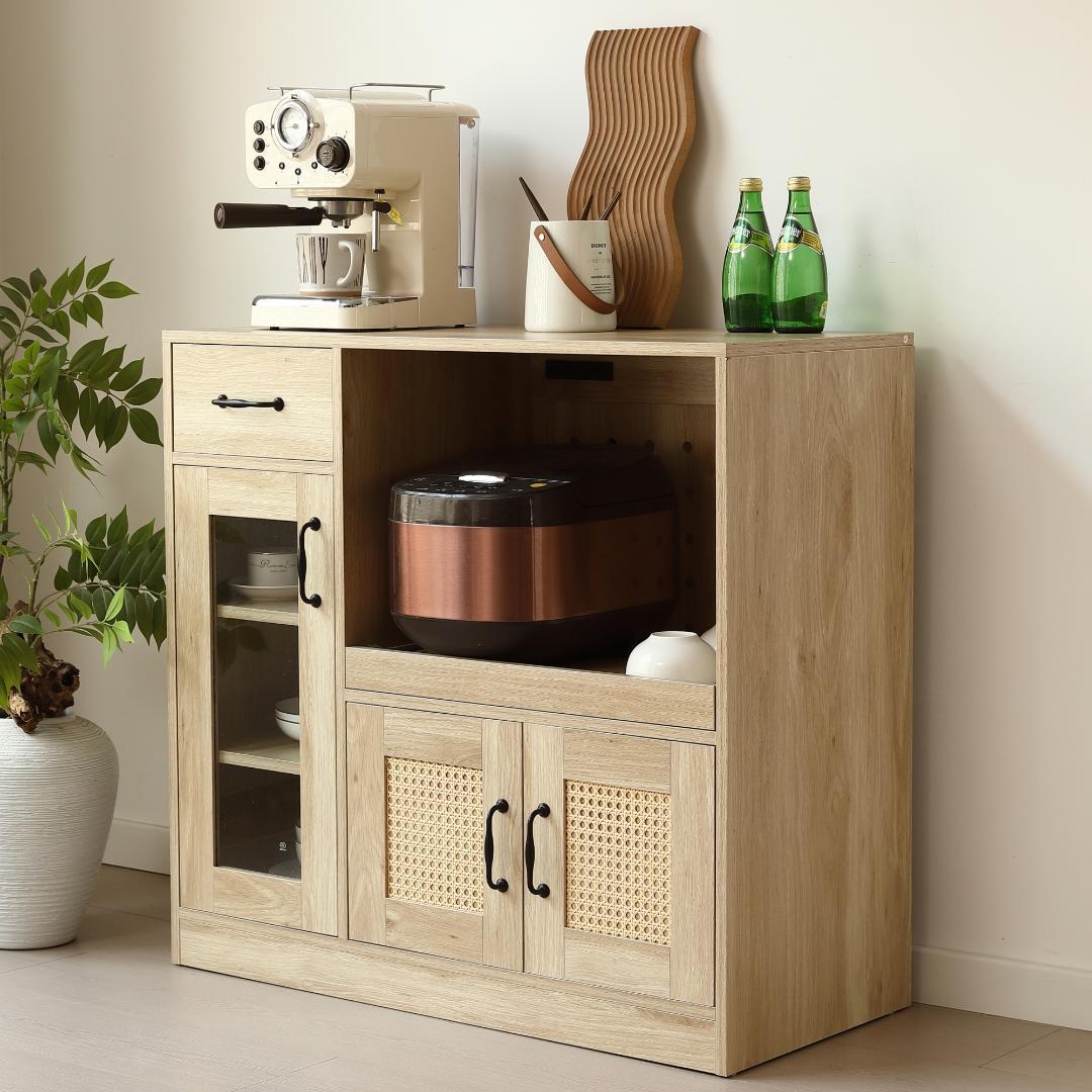 【今だけ特価】キッチンカウンター レンジボード 収納 ガラス NATURAL