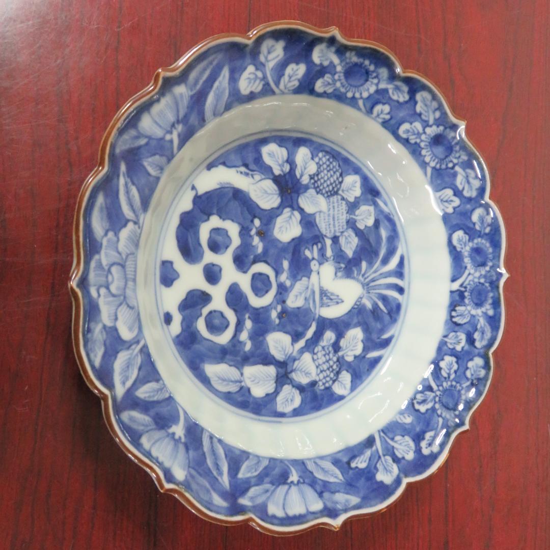 染付皿 中皿 3枚 鳥文 花文 岩文 花弁縁 明治 大正 五寸皿 美品