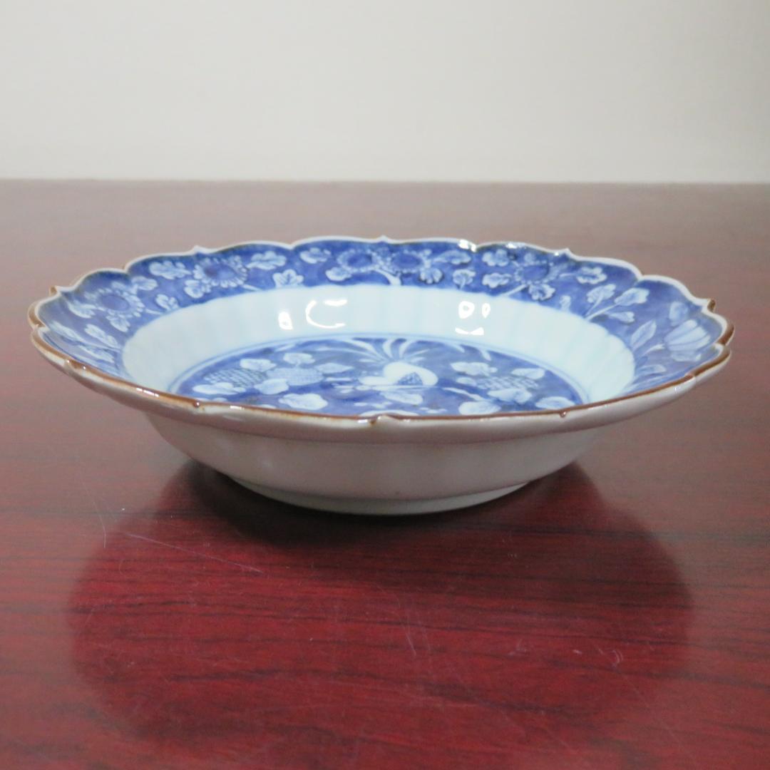 染付皿 中皿 3枚 鳥文 花文 岩文 花弁縁 明治 大正 五寸皿 美品