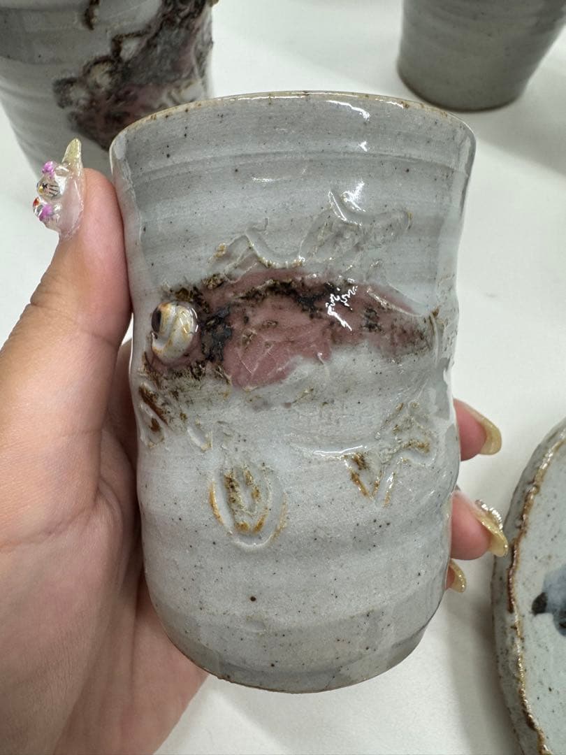 【市川清鱗 作】湯呑み5客＆絵皿1枚セット　手描き 和食器