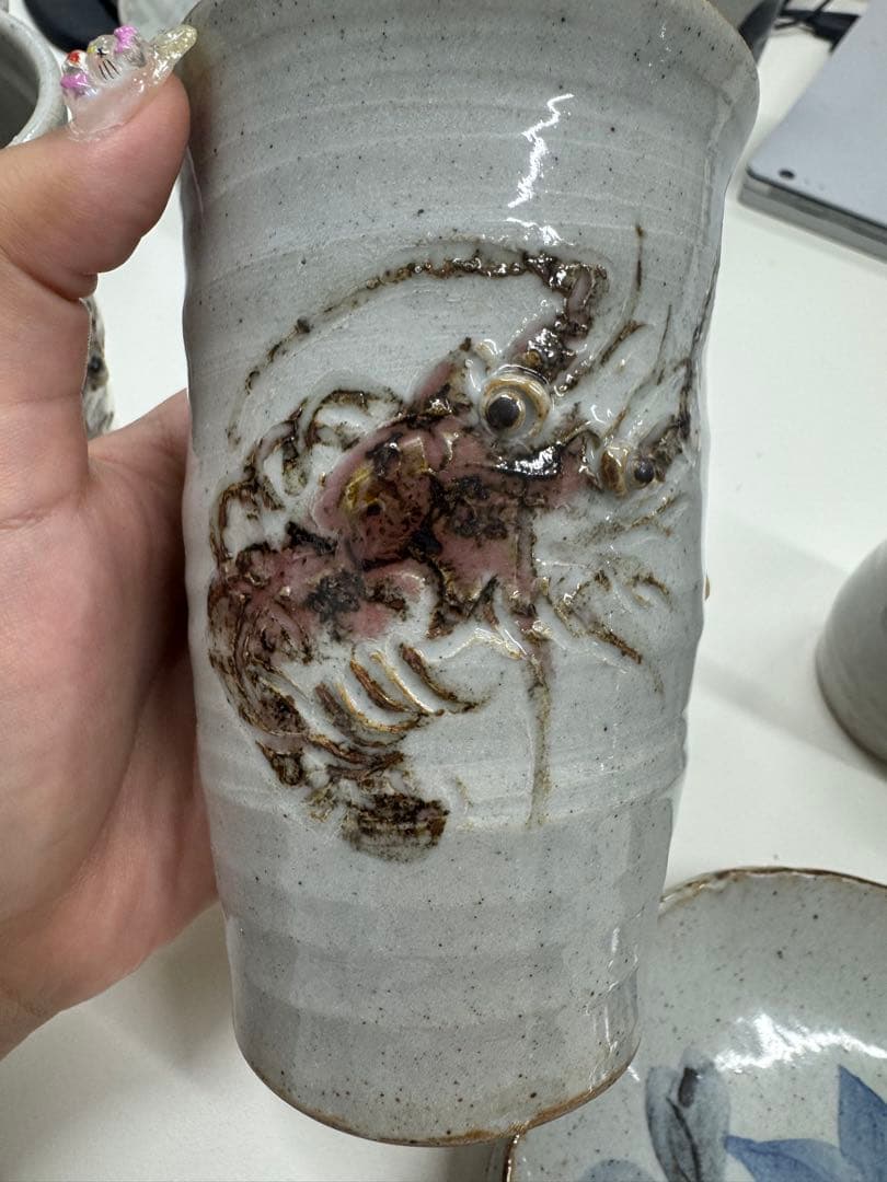 【市川清鱗 作】湯呑み5客＆絵皿1枚セット　手描き 和食器