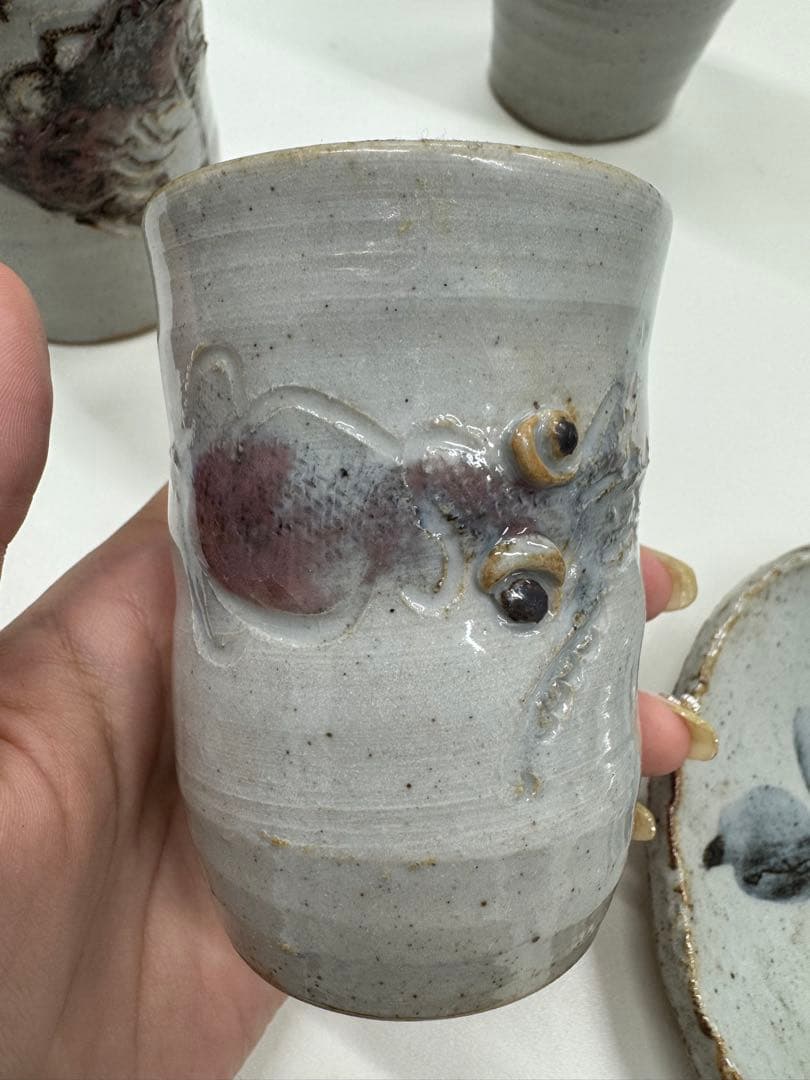 【市川清鱗 作】湯呑み5客＆絵皿1枚セット　手描き 和食器