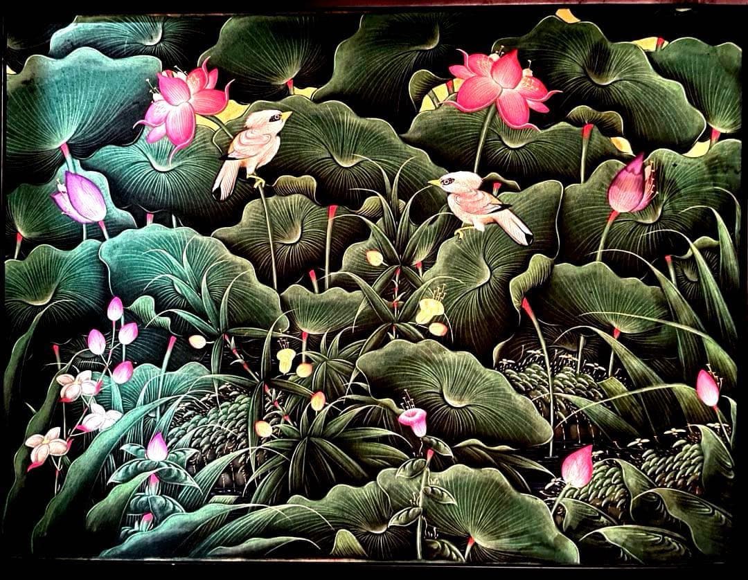 バリ絵画 蓮池×野鳥 手描き大型アート 木製額付 1点物 癒しの南国インテリア‼️