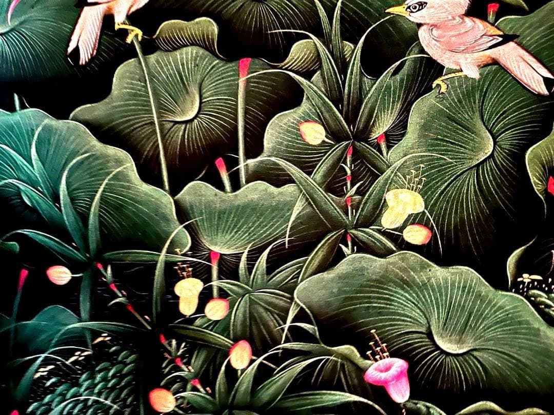 バリ絵画 蓮池×野鳥 手描き大型アート 木製額付 1点物 癒しの南国インテリア‼️