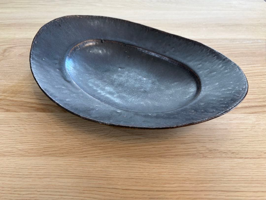 新品 林拓児 黒釉楕円皿大