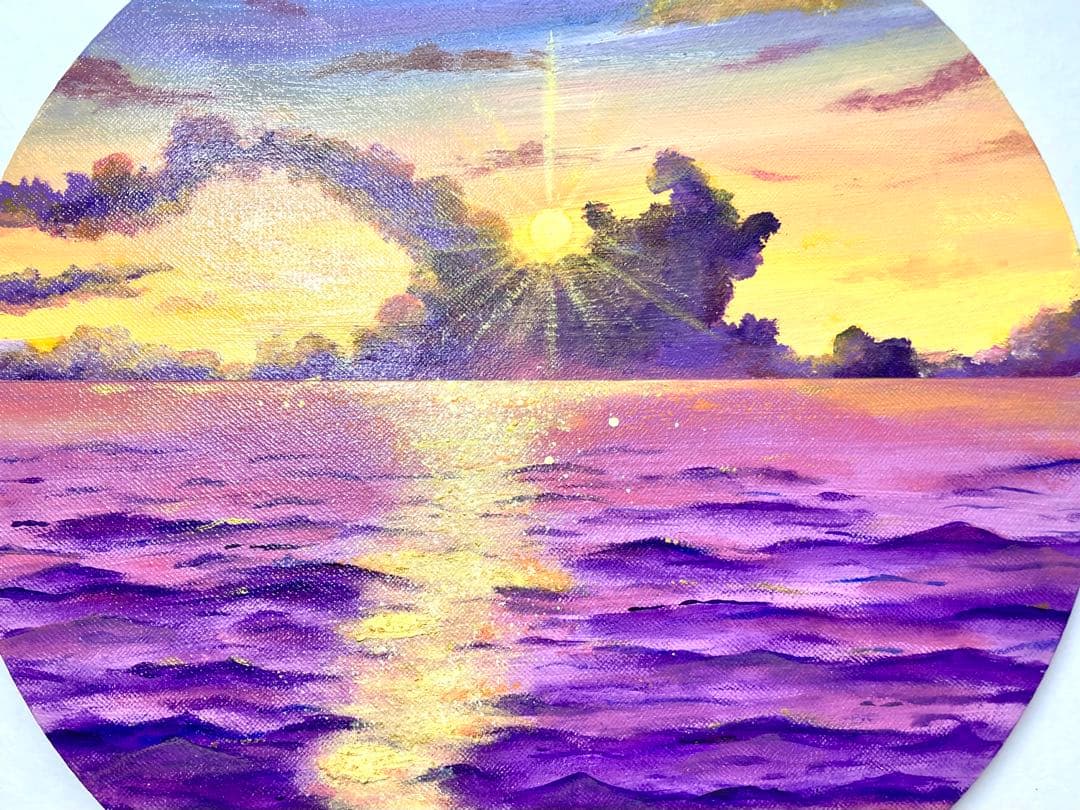 風景画　アクリル画　海　夕日　夕焼け　癒しのアート　開運