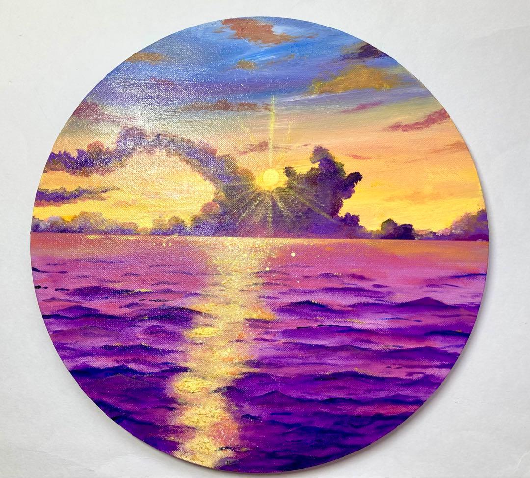 風景画　アクリル画　海　夕日　夕焼け　癒しのアート　開運