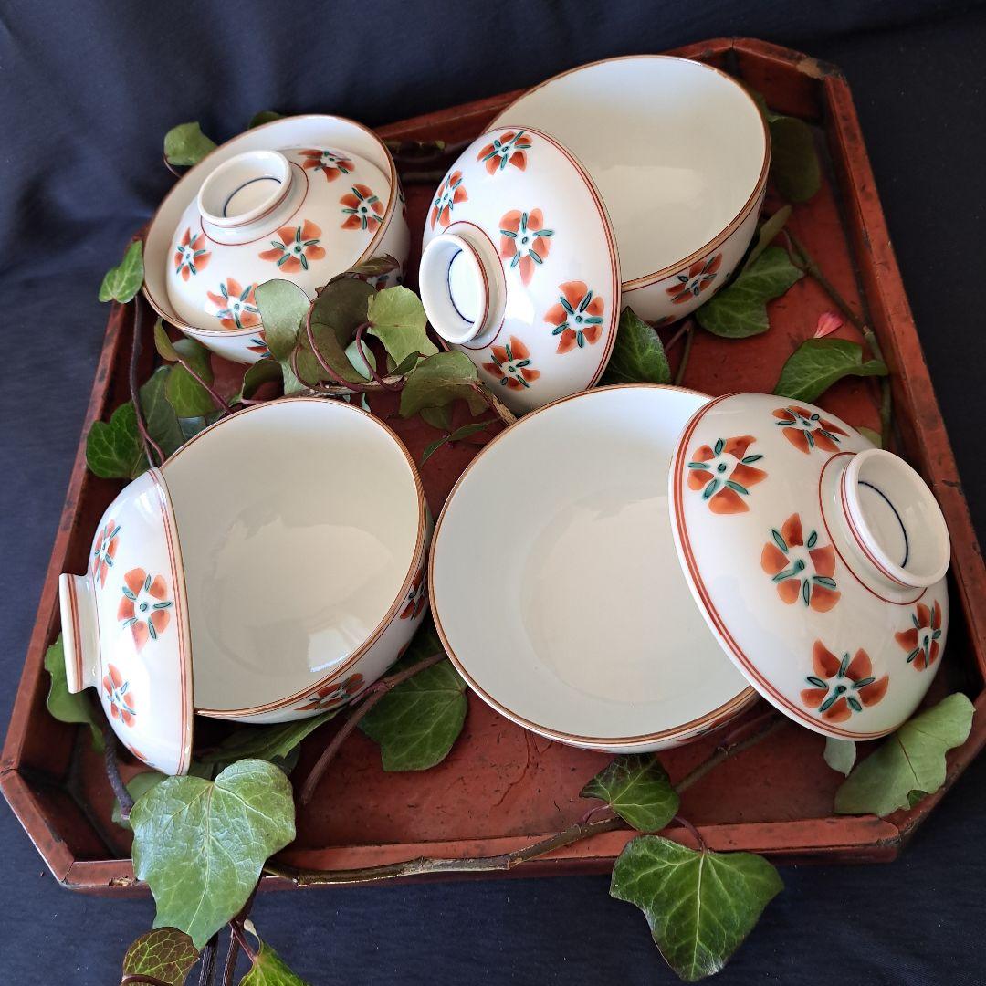 「花絵の京焼 モダンな蓋物！」(直径12cm)4客セット 骨董アンティーク