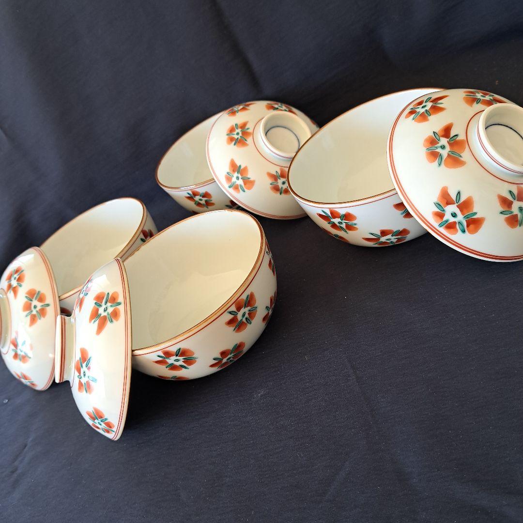 「花絵の京焼 モダンな蓋物！」(直径12cm)4客セット 骨董アンティーク