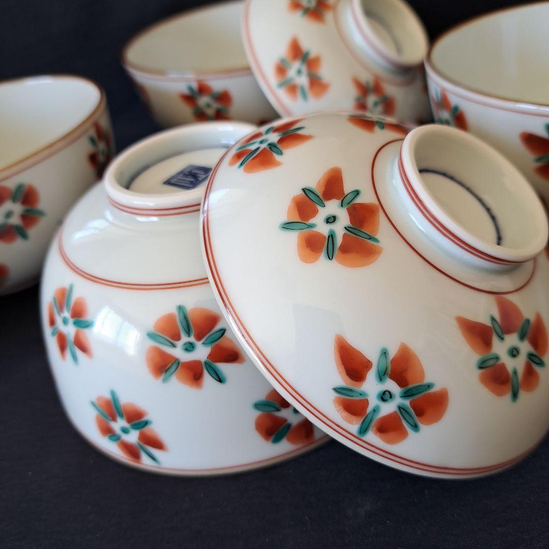 「花絵の京焼 モダンな蓋物！」(直径12cm)4客セット 骨董アンティーク