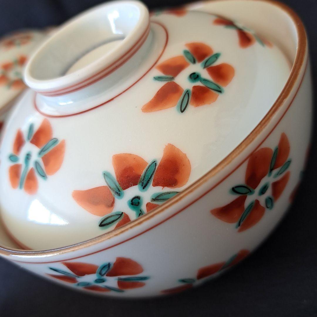 「花絵の京焼 モダンな蓋物！」(直径12cm)4客セット 骨董アンティーク