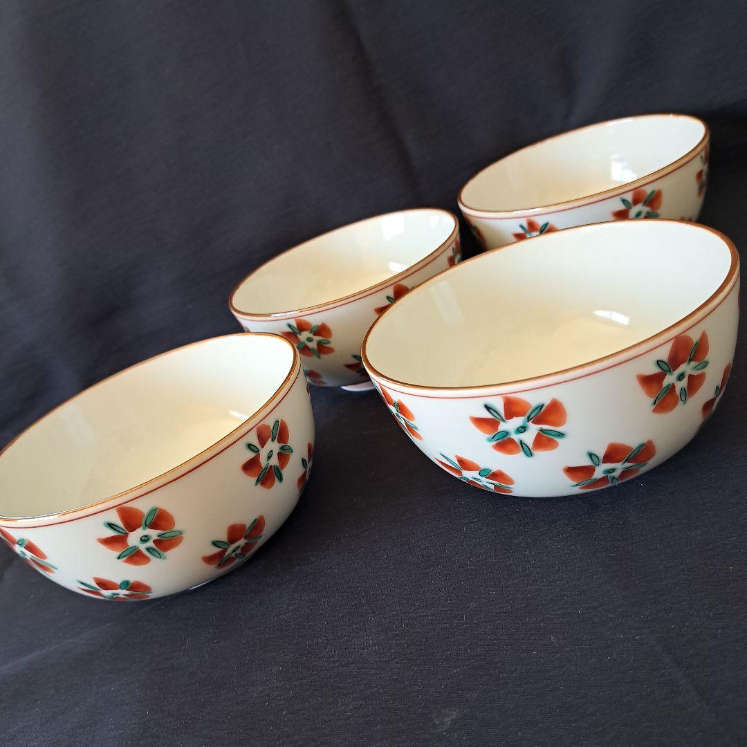 「花絵の京焼 モダンな蓋物！」(直径12cm)4客セット 骨董アンティーク